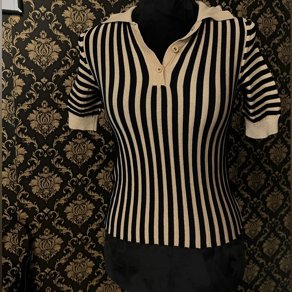 Mango Black and Cream Striped Button Down Shirt